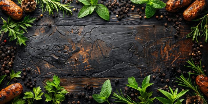 sausages with herbs and spices on a black wooden background, top view