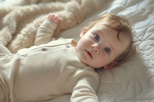 A serene child lies on the bed with a look of wonder, reflecting the innocence of early life. Copy space.