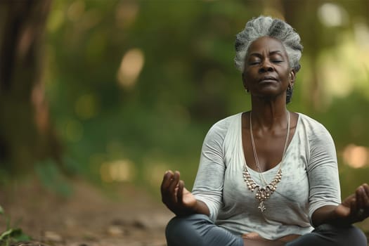 An elder woman with striking gray hair meditating peacefully in a lush forest setting.