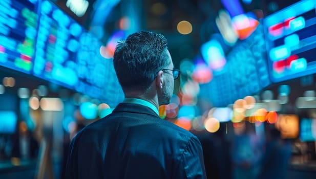 Businessman looking at the stock market on the background of the night city