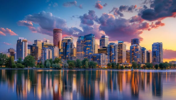 Modern cityscape with skyscrapers reflected in water at sunset.
