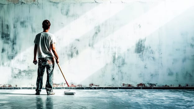 A painter stands back assessing a wall he is painting white, with dramatic light casting strong shadows.