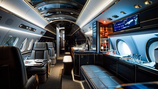 The interior of a luxury private jet, showcasing high-end travel with a sleek and modern design.
