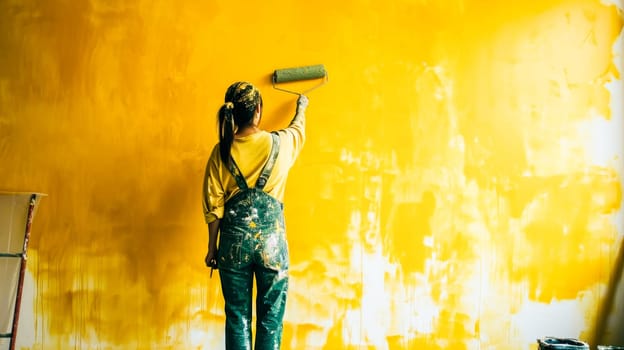A painter applies vibrant yellow paint to a wall, a depiction of creativity in home decor.
