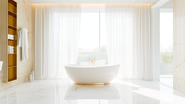 A pristine, sunlit bathroom with a white freestanding bathtub and golden accents. Marble floors and sheer curtains.