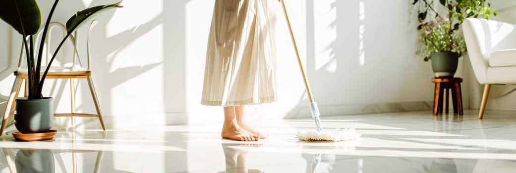 A person in a light dress mopping a shiny white floor in a sunlit room with green plants and modern decor.banner.home care or lifestyle