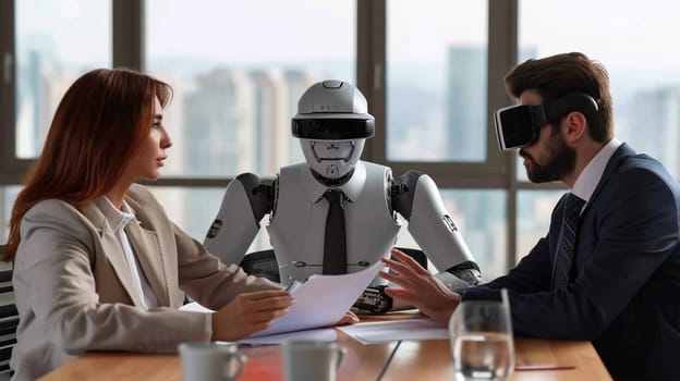 A humanoid robot interacts with two business professionals wearing VR headsets in a modern office.