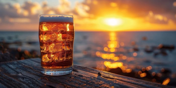 Glass of cola with ice cubes on the beach at sunset.