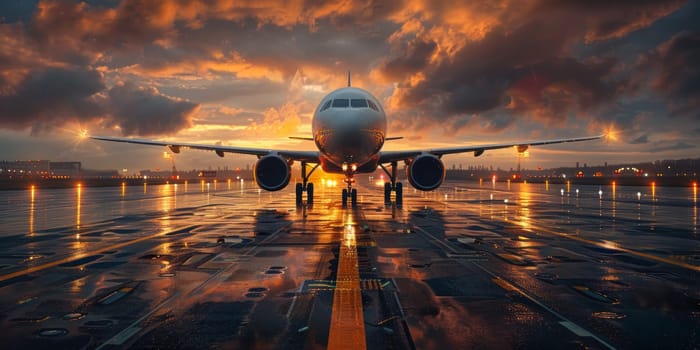 Airplane on the runway of the airport at sunset.