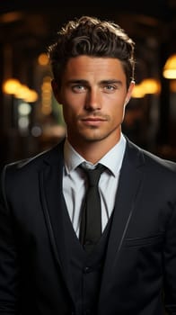 Charismatic young male with blue eyes in a sleek black suit and tie.beautiful young man wealthy entrepreneur