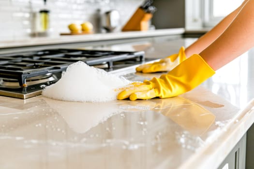 Yellow gloves touching a pile of spilled soap suds on a marble kitchen counter.cleaning kitchen countertop .cleaning service promotions