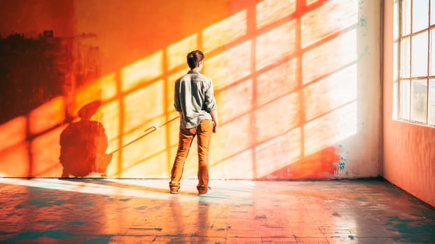 A person stands facing a sunlit wall with shadows of window panes, casting a reflective mood.