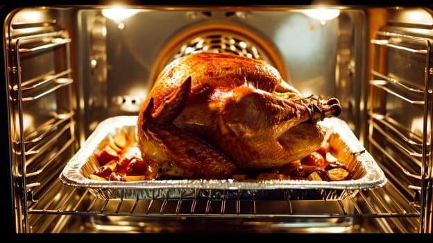 A golden-brown turkey roasting in an oven, surrounded by aromatic vegetables, evoking holiday warmth.