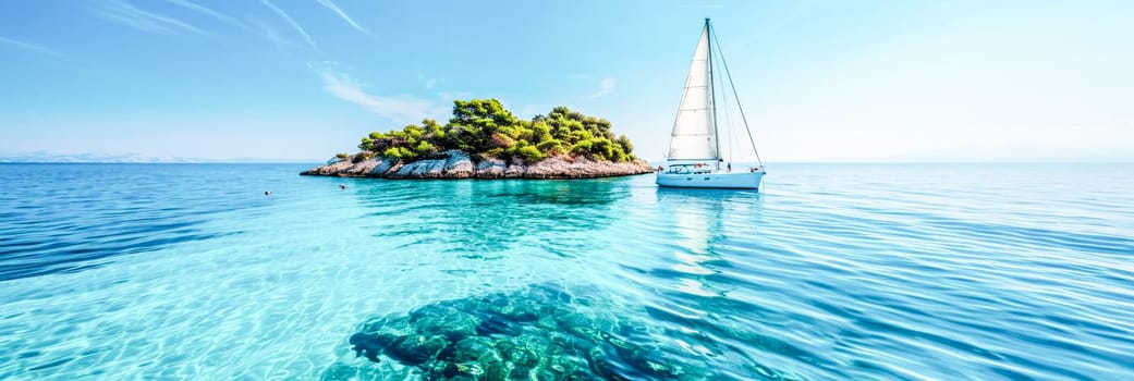 Idyllic Sailing by a Tropical Island. A sailboat near a lush green island in the midst of a calm blue sea under a clear sky.