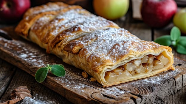 A freshly baked apple strudel dusted with powdered sugar on a wooden board, surrounded by whole apples. Rich, flaky pastry reveals a sweet apple filling