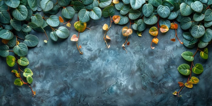 Green ivy leaves on blue concrete background with copy space, top view