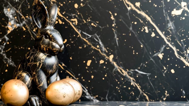 Artistic black and gold background with a metallic rabbit sculpture and eggs.Suitable for modern art pieces, background textures, or luxury event invitations.