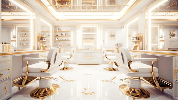 A luxurious salon bathed in golden light, luxurious seating and elegant decor.