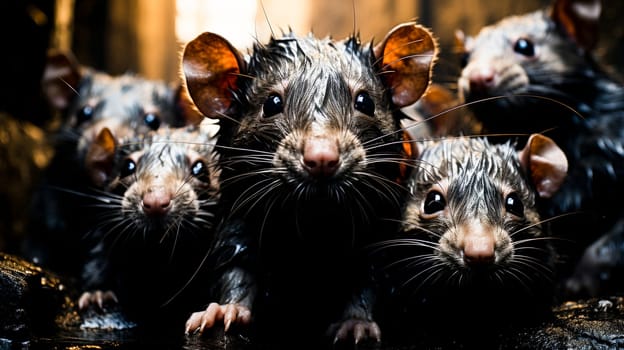 Close-up of wet rats with shining eyes, dark background. Copy space.problems with increasing rat populations and pest control in cities and towns