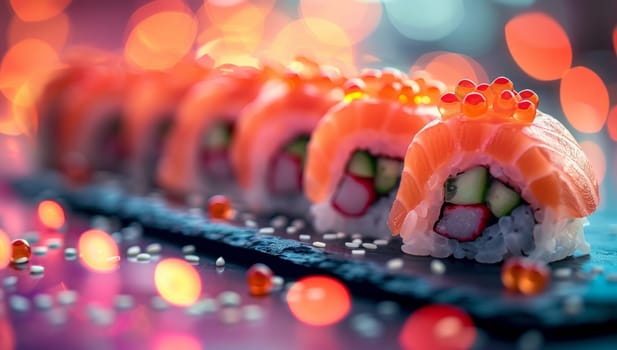 Sushi roll with salmon, cucumber, cream cheese and red caviar.