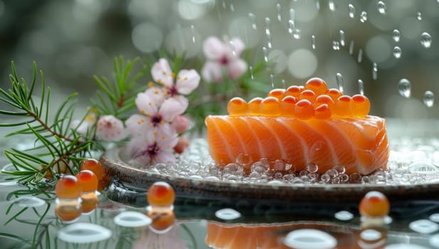 Salmon carpaccio with red caviar on a plate with water drops
