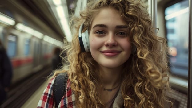 A young woman with curly hair and headphones smiling in a subway, enjoying her urban commute. Copy space.
