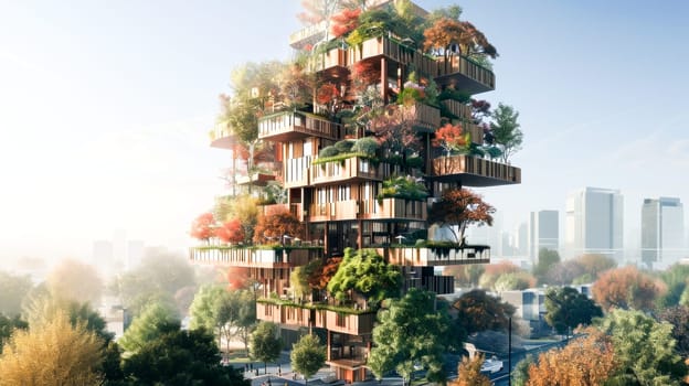 A multi-tiered building with abundant greenery, merging urban living with nature, representing sustainable architecture.