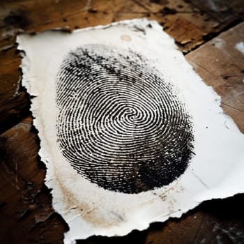 A detailed fingerprint on textured paper against a wooden backdrop.