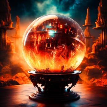 A dramatic crystal ball revealing an apocalyptic cityscape engulfed in flames and chaos, a powerful fantasy concept.