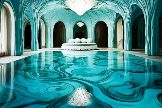Surreal Aquatic Interior Design. A surreal interior featuring swirling aqua patterns, reflecting a futuristic underwater architecture theme with elegant curves.