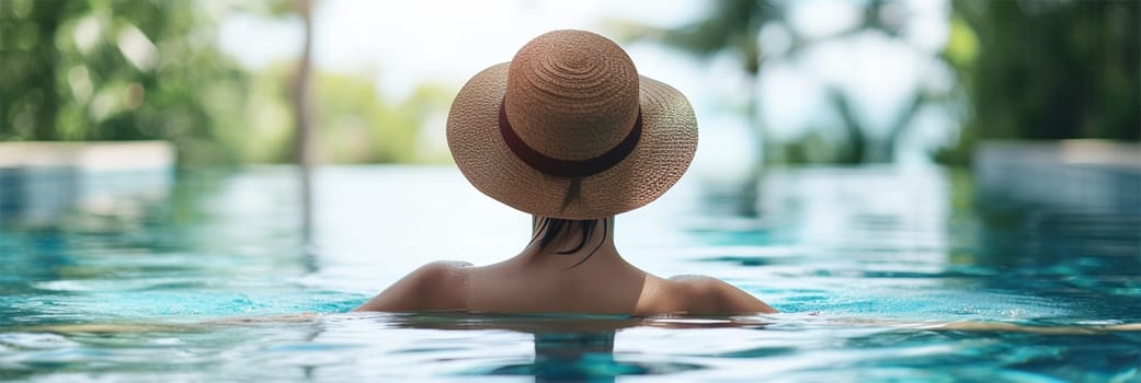 A woman wearing a sunhat looks out at the deep blue ocean, evoking a sense of wanderlust and adventure. Copy space .for travel and leisure content, as well as health and meditation resources.