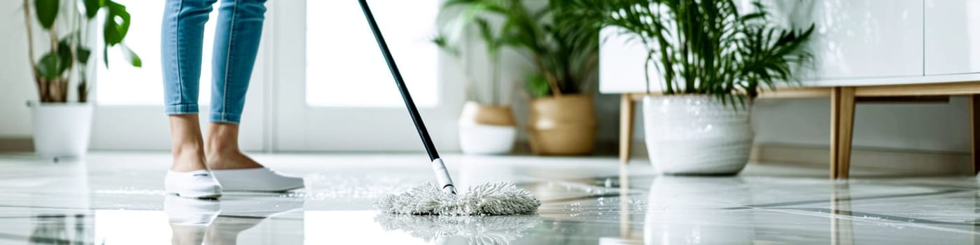 A person mopping a shiny white floor, symbolizing cleanliness and domestic care.