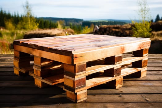 A DIY rustic pallet coffee table set against a scenic forest backdrop, exemplifying eco-friendly upcycling.