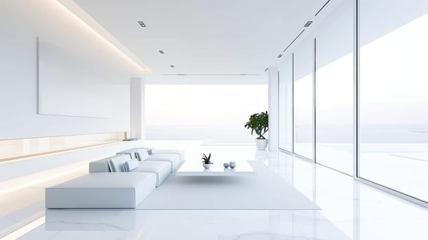 Modern, future minimalist interior on white color , big windows on living room.