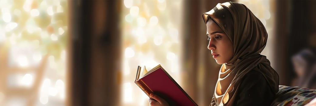 A woman in a headscarf deeply absorbed in a book, with a bokeh light background. Copy space.Contemplative Reading.
