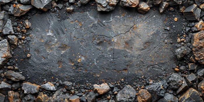 Top view of rich black coal texture surrounded by rocks