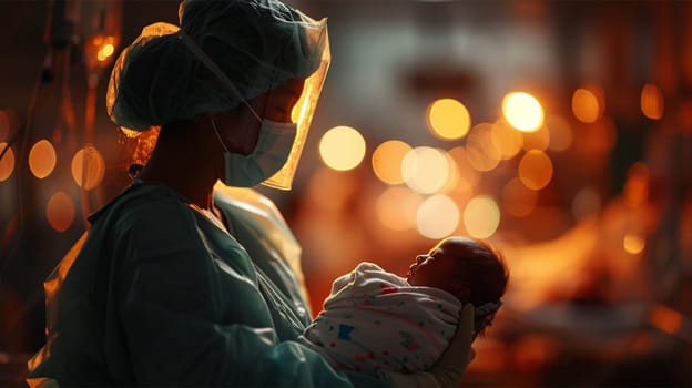 A healthcare professional in scrubs gently holds a newborn, amidst the warm glow of a hospital. Tender Moment in Neonatal Care.