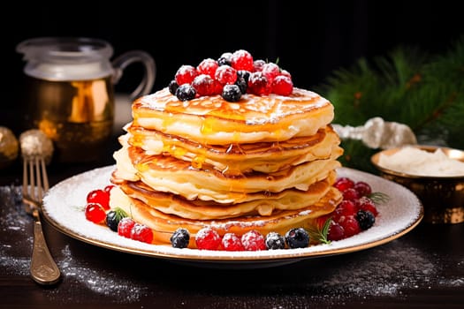 A stack of pancakes adorned with berries and syrup, set against a festive backdrop, perfect for a holiday feast.