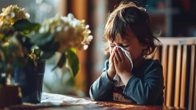 A young child with tousled hair blows their nose, seated at a table with a potted flower nearby.