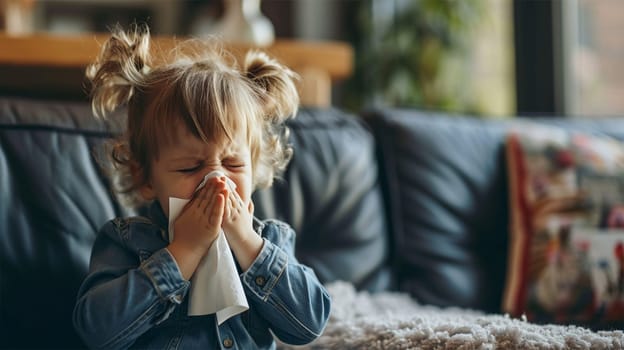 A toddler sneezes into a tissue, sitting comfortably on a cushioned couch.Toddler's Sneezing Moment