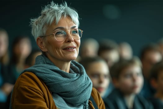 A woman with short gray hair and glasses appears engaged and thoughtful at an event.