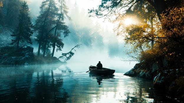 A solitary figure rows a boat on a mist-covered lake, surrounded by autumnal trees and the soft glow of sunrise.