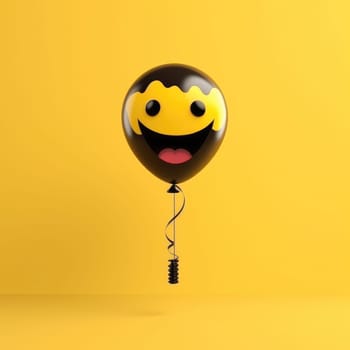 A cheerful emoji balloon floats against a vibrant yellow background, symbolizing happiness and celebration.