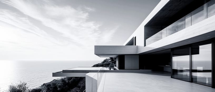 A stark modern villa perches on a cliffside, its bold lines contrasting with the soft sea and sky in the background.copy space
