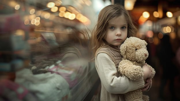 A young girl clutching a plush bear in a busy shopping area, bokeh lights in the background. Copy space.