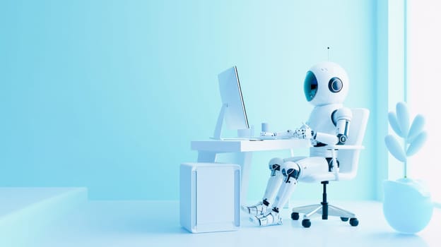 A futuristic robot seated at a minimalist home office setup, epitomizing modern telecommuting.