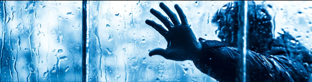 A wide image of a silhouetted person behind a wet glass pane, reaching out. Copy space.emotional themes, or atmospheric backgrounds.