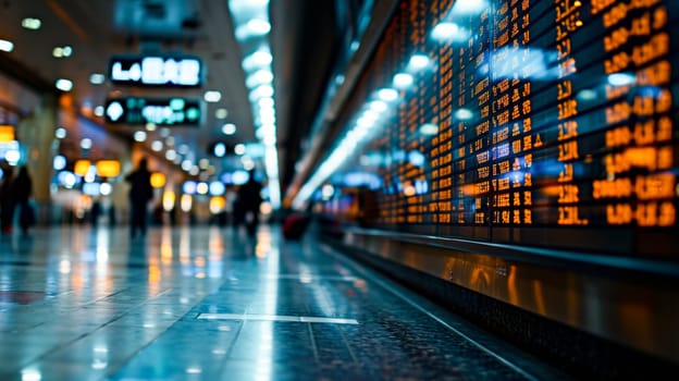 Airport Schedule Bokeh.A dynamic, blurred view of a busy airport terminal with flight information displays and reflective floors.