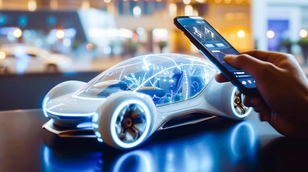 A futuristic smart car model managed via smartphone, showcasing innovative automotive technology.