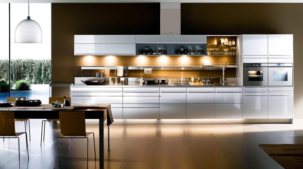 An elegant modern kitchen with clean lines, stainless steel appliances, and a lake view.